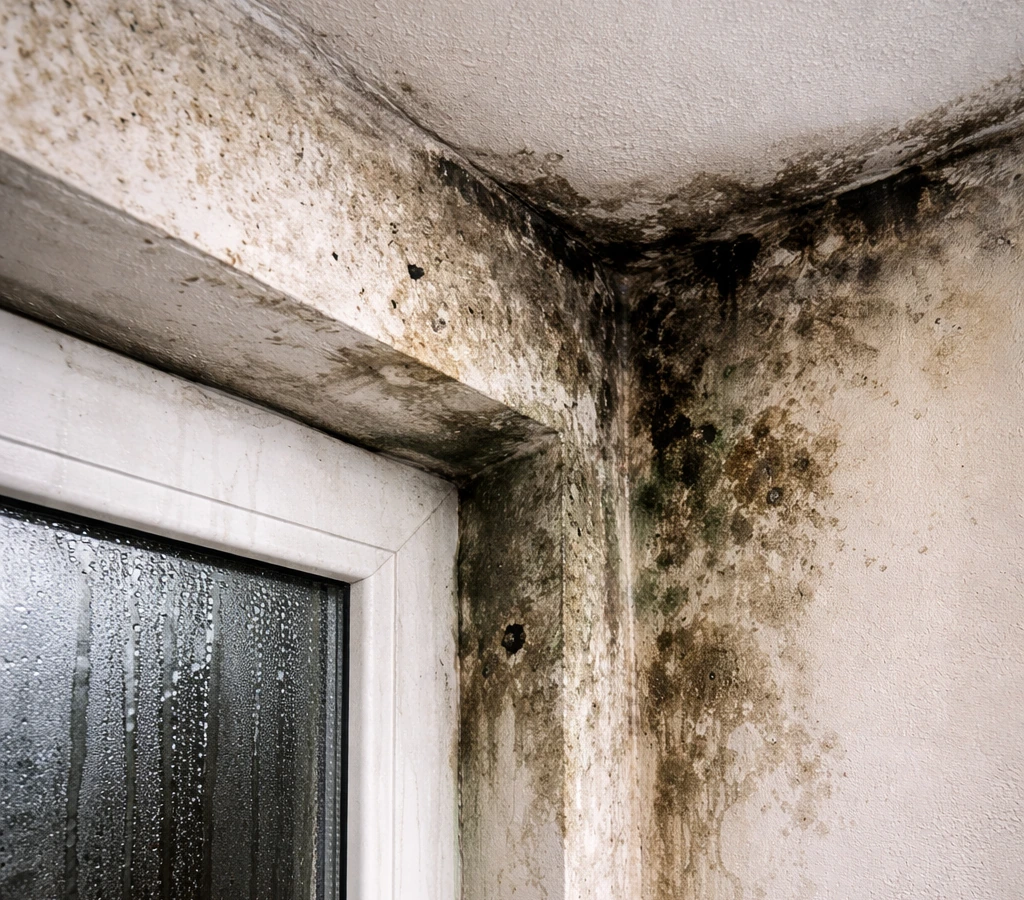 cold walls and humid air causing condensation on an interior wall