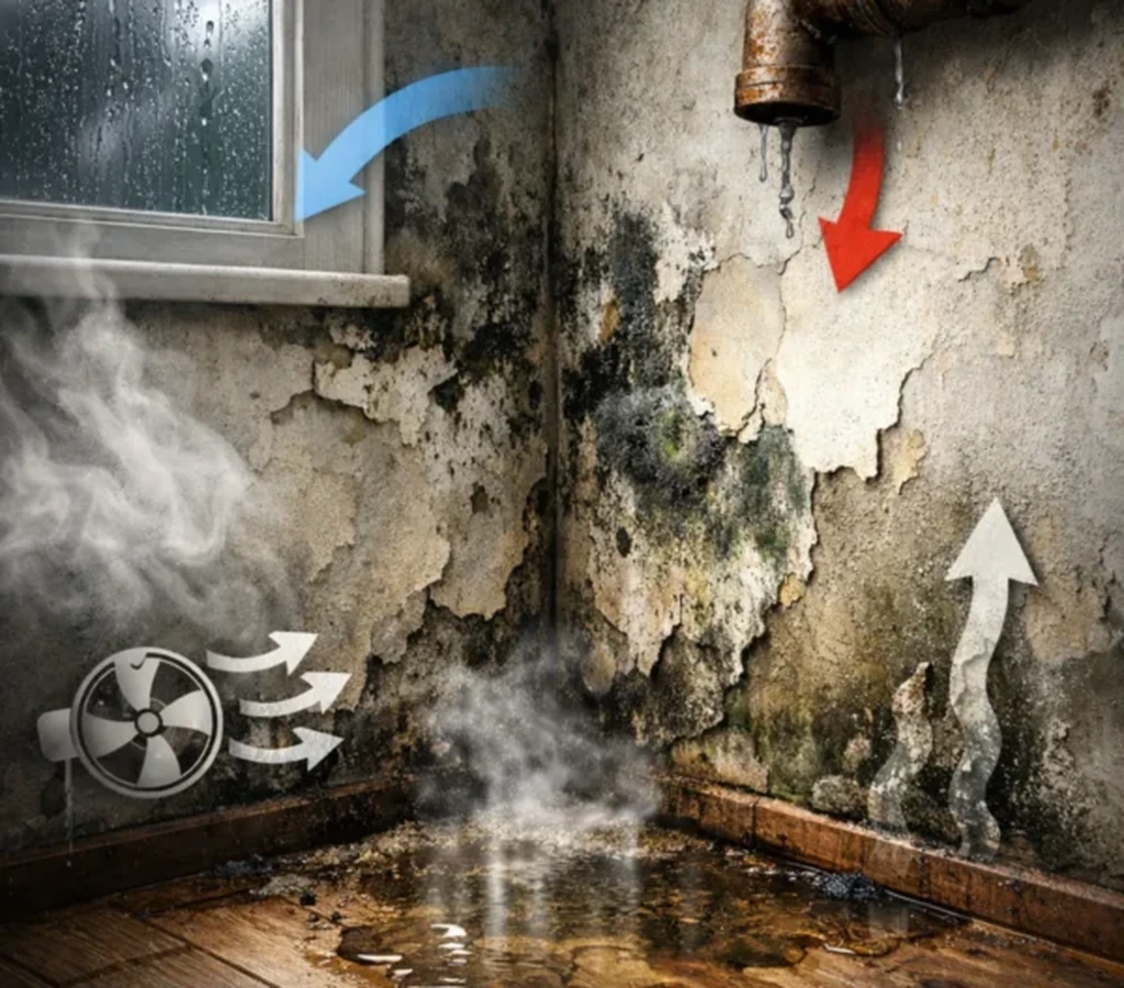 cold walls and humid air causing condensation and wall damage indoors