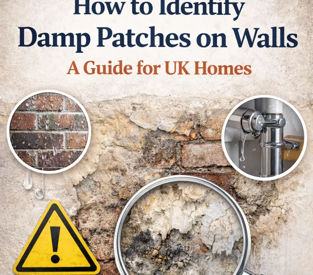 Damp patches on walls with peeling plaster, mould, exposed brick and visual examples of condensation, rising damp and leaks