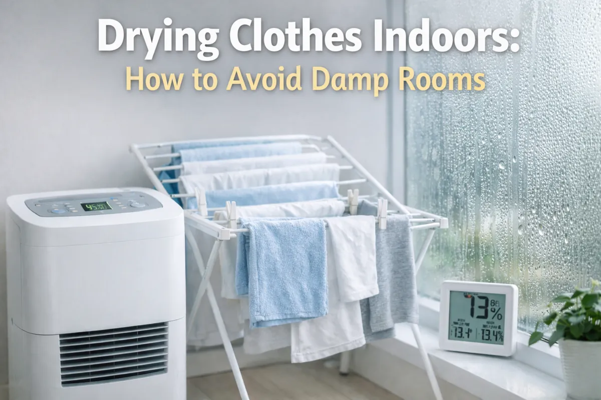 Drying clothes indoors near a window with a dehumidifier and humidity meter to prevent damp rooms