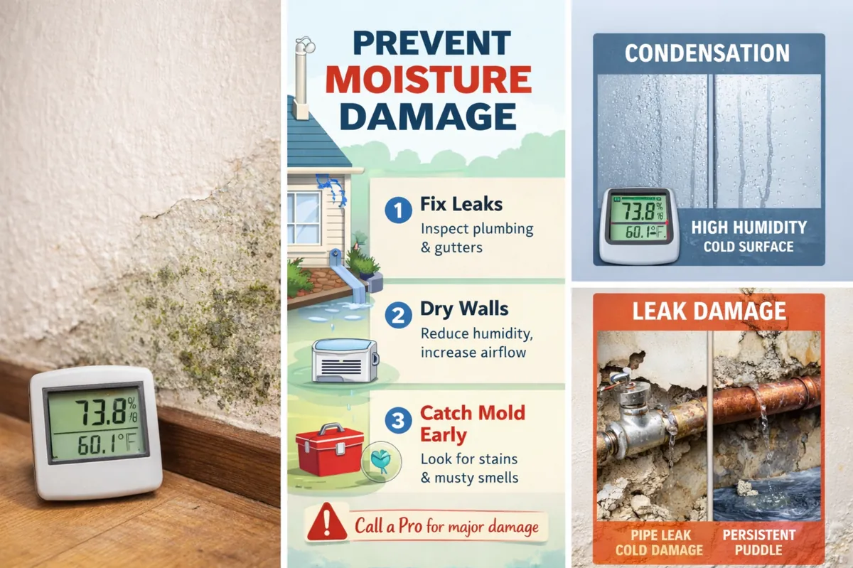 Infographic showing how to prevent moisture damage including fixing leaks, reducing humidity, and early mold detection