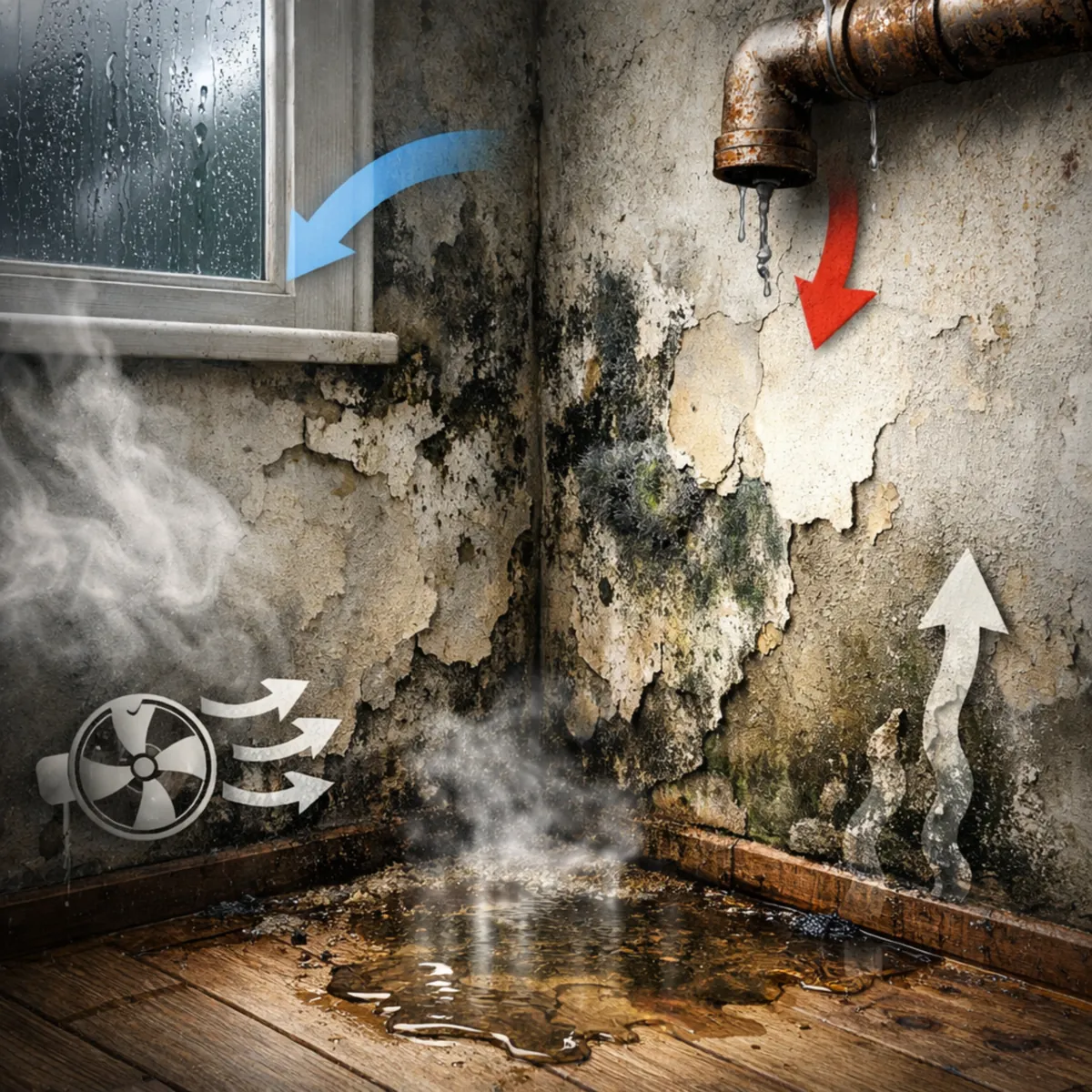 Wall damp caused by condensation, leaking pipe, poor ventilation, and rising moisture