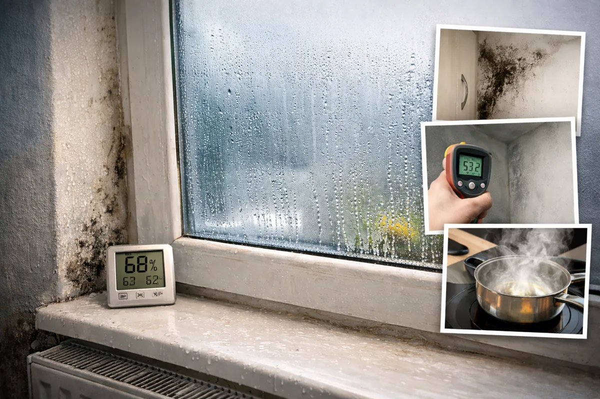 Condensation on a window with mould, indoor humidity meter, and common moisture warning signs in a home