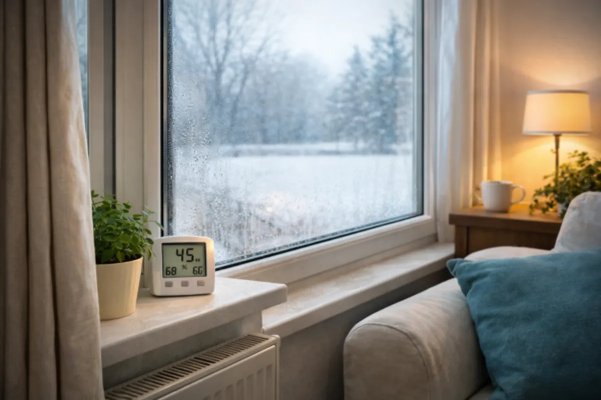 Window condensation in winter with indoor humidity meter showing moisture level near the radiator