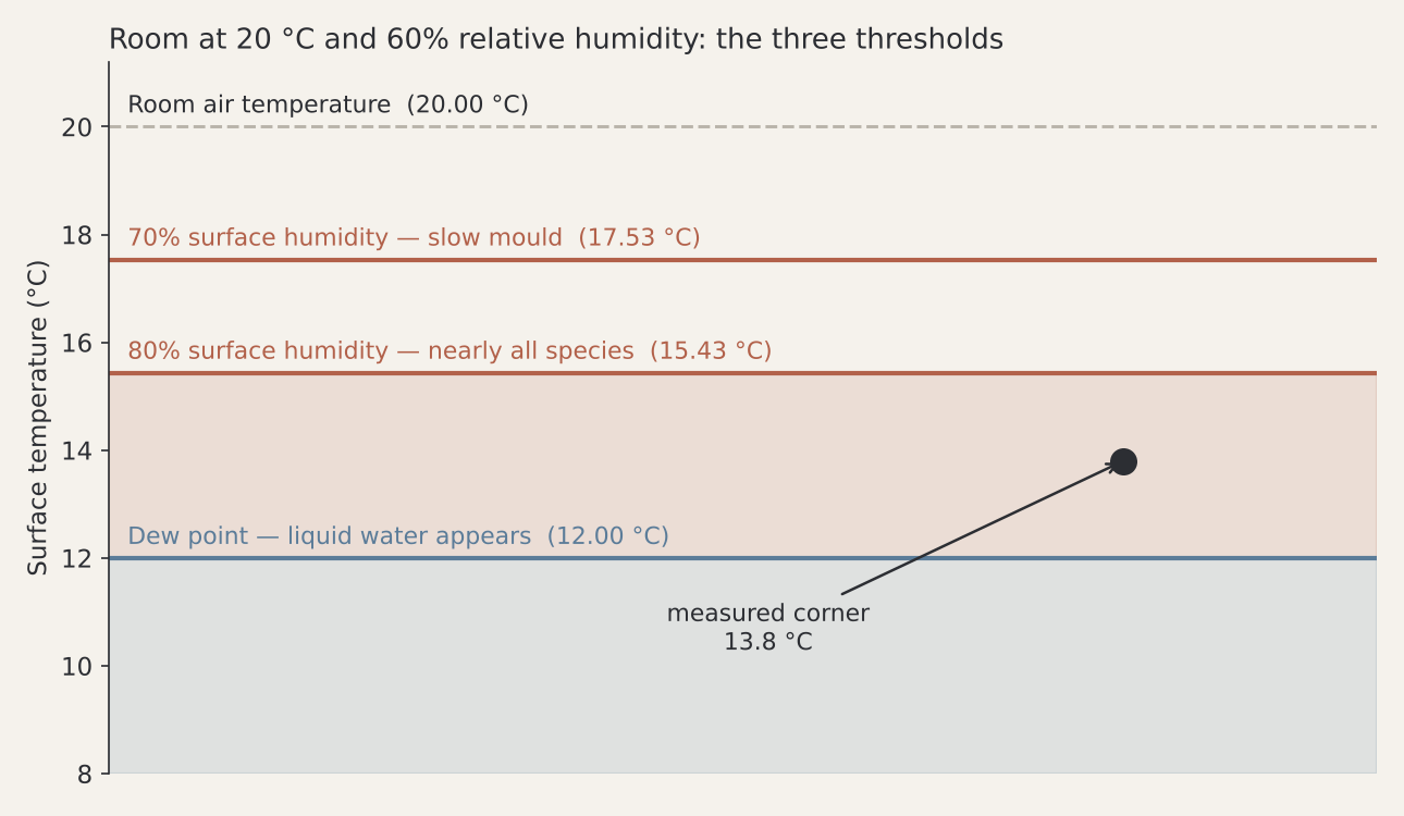 Damp or condensation: surface temperature thresholds in a room at 20 °C and 60 per cent humidity, with the dew point at 12 °C and the mould threshold at 15.4 °C
