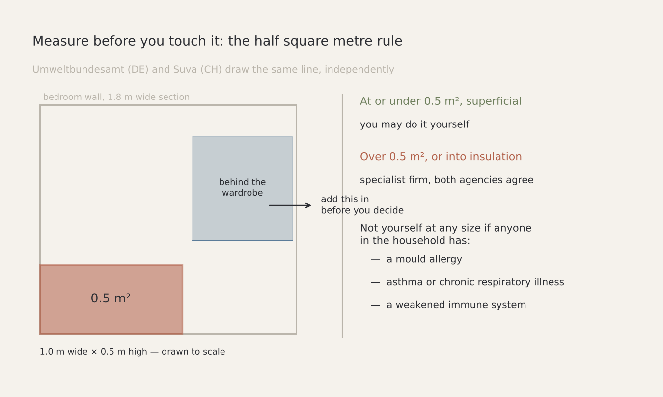 The half square metre rule drawn to scale on a bedroom wall, with the area behind a wardrobe added in, and the three health conditions that rule out doing the work yourself