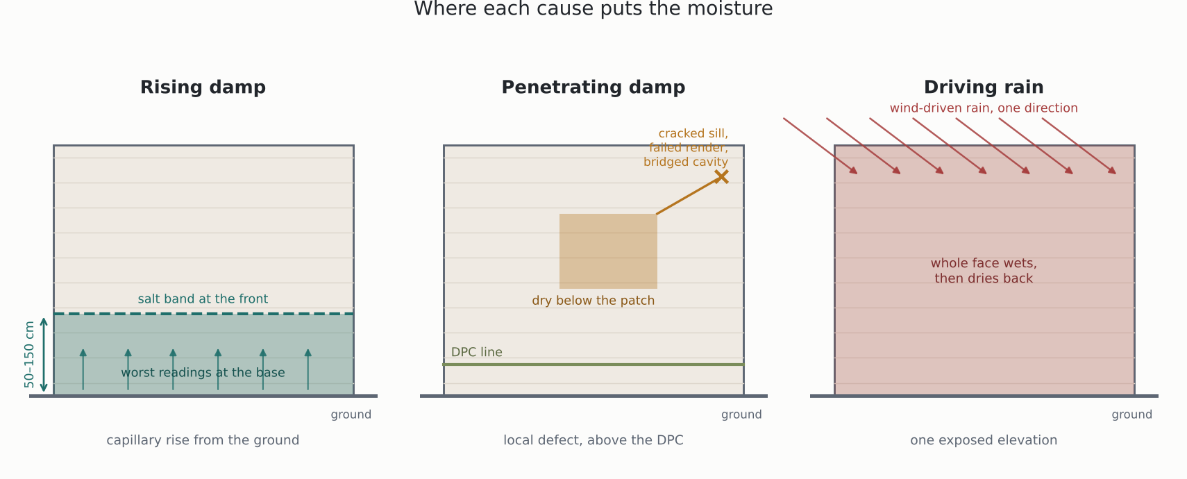 Rising damp compared with penetrating damp and driving rain: three wall elevations showing where each one puts the moisture